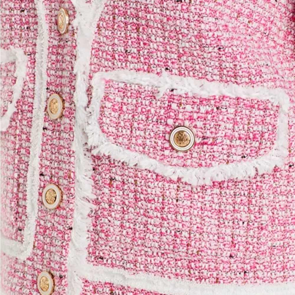 AQUA Women Tweed Blazer Jacket Pink Small Button Fringe Trim Metallic Business - Picture 5 of 16